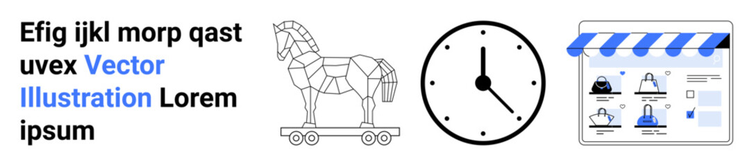 Trojan horse illustration, clock indicating time, and online shopping interface indicating e-commerce. Ideal for online security, time management, digital marketing, technology, e-commerce