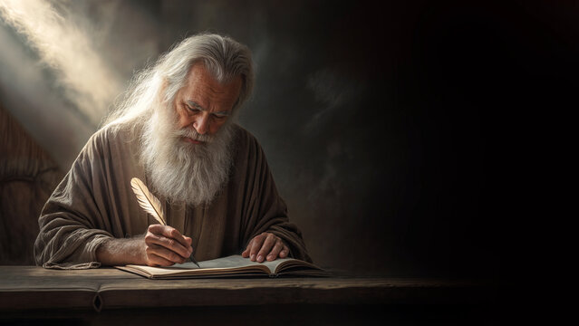 Elderly man with a white beard, dressed in a brown robe, writing with a quill pen, depicting apostle. The scene is illuminated by a soft light creating a serene and focused atmosphere.Copy space, 16:9