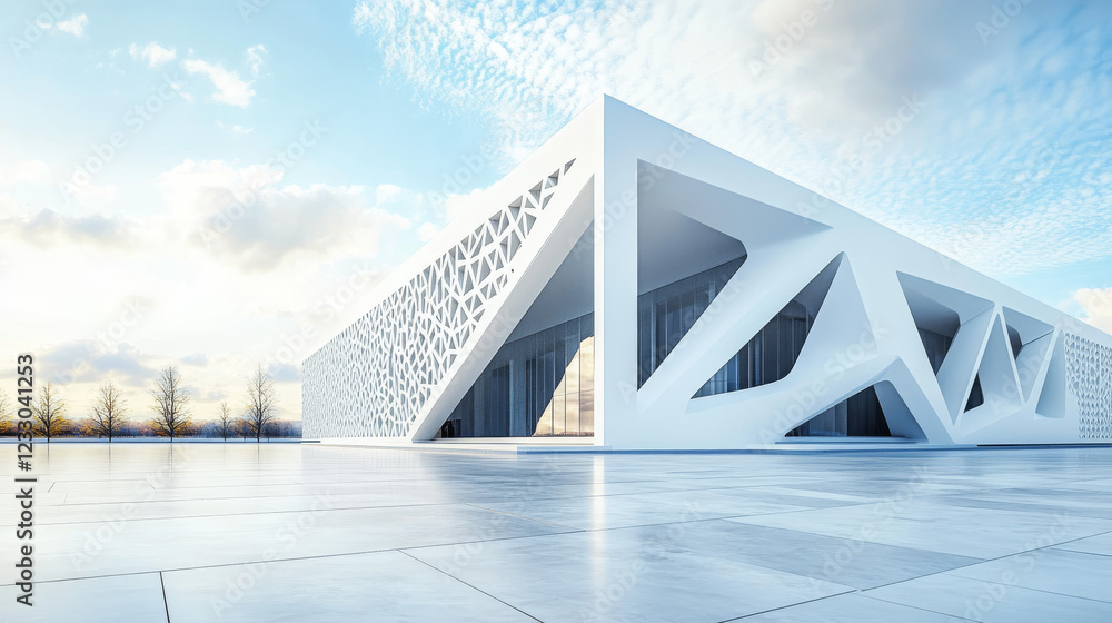 Poster abstract grey concrete architecture building with geometric triangle shape elements 3d render illust