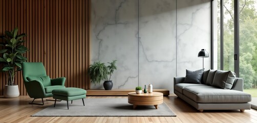 Modern living room furnished with green armchair, ottoman. Light-grey couch, wooden coffee table in center of room. Wooden slat wall, marble wall provide stylish contrast. Plant pots add touch of