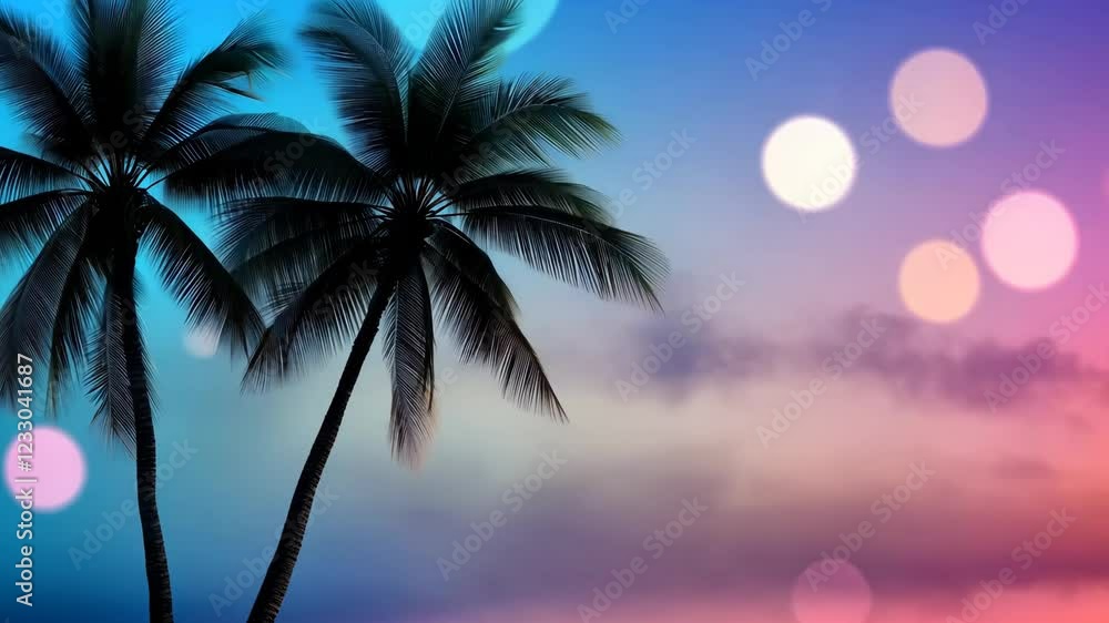 Poster sunset over palm trees with vibrant colors and soft bokeh lights enhancing the tranquil atmosphere