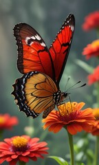 Obraz premium Delicate butterfly perched on a vibrant red zinnia flower, bloom, stem