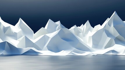Abstract low-poly white mountain range reflecting on calm water against a dark sky.