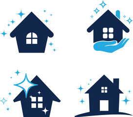 Creative house icons representing cleaning and care for homes