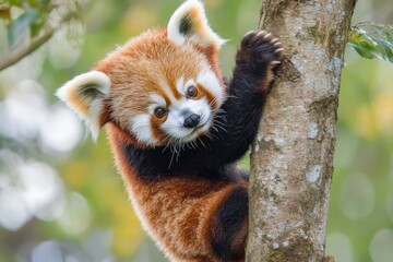 A tiny red panda cub skillfully navigates a tree branch, showcasing its playful nature against a backdrop of green foliage on a bright day