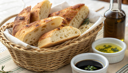 Rustic bread basket with olive oil and balsamic dip