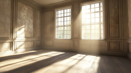 An Empty Room with a Beautiful, Sunlit Window 3d render illustration. 3D Illustration