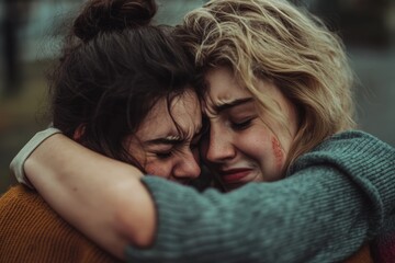 Two friends are embracing each other tightly, their faces filled with raw emotion. This powerful moment represents unwavering support and connection amid a tranquil outdoor environment