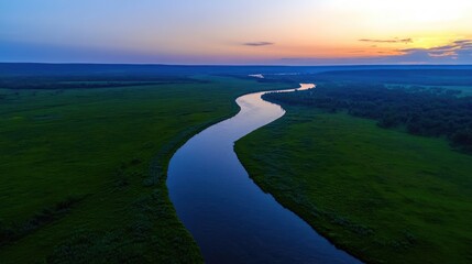 Fototapeta premium Sunset aerial river landscape, green fields