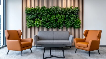 Fototapeta premium Sustainable Office Oasis: Modern Corporate Interior with Vertical Herb Garden Wall Lounge Area,3D rendering