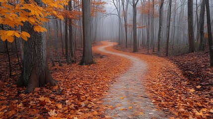 Fototapeta premium Winding autumn trail, misty forest, fall leaves, nature scene, travel