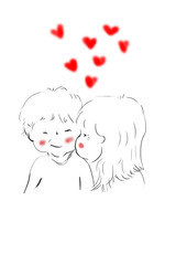 two young lovers hugging side by side short drawing on white background