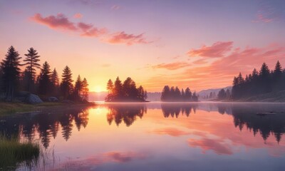 Obraz premium Delicate watercolor painting of a lake at sunset, sunset, peaceful