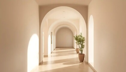 Sunlit Hallway with Archways and Potted Plants