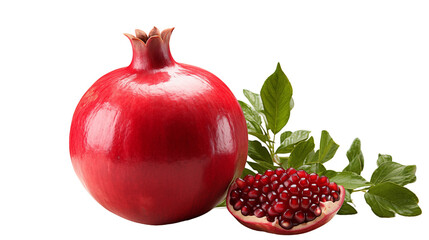 Red Pomegranate with Leaves Juicy Fresh Fruit, Ripe Seeds for Food Themes, isolated on transparent background.