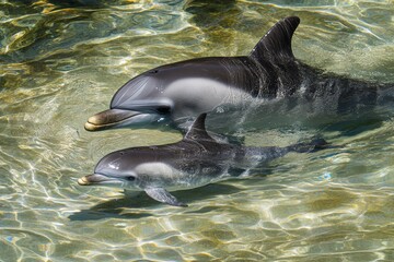 Obraz premium A young dolphin calf swims playfully next to its mother in crystal-clear water. Sunlight filters through the waves, illuminating the serene ocean environment
