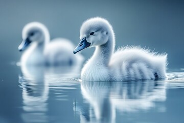 Obraz premium Two fluffy young swan cygnets swim peacefully in a tranquil lake, reflecting soft morning light on the water's surface as they explore their surroundings