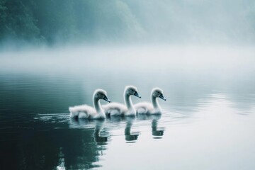 Three young swan cygnets glide effortlessly across a serene lake, their soft feathers glistening in the morning light, embraced by a gentle mist hovering above the water