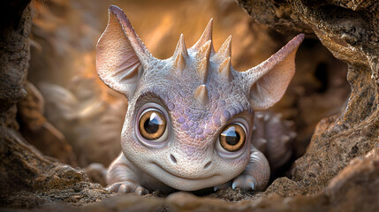 Obraz premium Cute baby dragon in cave, sunset background, fantasy illustration