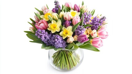 Fototapeta premium Vibrant spring bouquet with tulips and daffodils in glass vase on white background