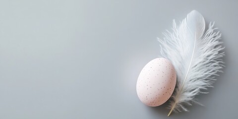 Elegant white feather and speckled egg on subtle gray background for easter theme