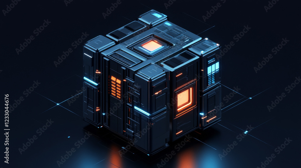 Poster 360 spherical panorama view of dark futuristic cube building architecture 3d render illustration hdr
