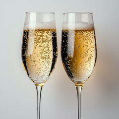 Two champagne flutes with bubbly drink on plain background