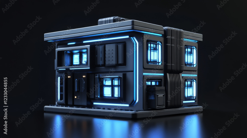Poster 360 spherical panorama view of dark futuristic cube building architecture 3d render illustration hdr