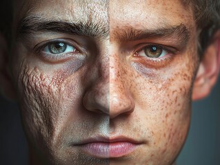 Fototapeta premium The photo on the left depicts young man face extreme wrinkles while the photo on the right reveals a significant glowing skin