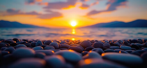 Fototapeta premium Sunset beach stones ocean mountains. Peaceful seaside scene