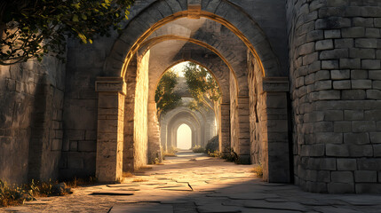 Fototapeta premium A shady archway in a medieval castle generative ai. Solar Archway. Illustration
