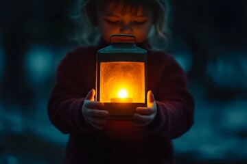 A child stands in darkness, holding a glowing lantern that illuminates their face. This moment captures the essence of hope and courage against uncertainty