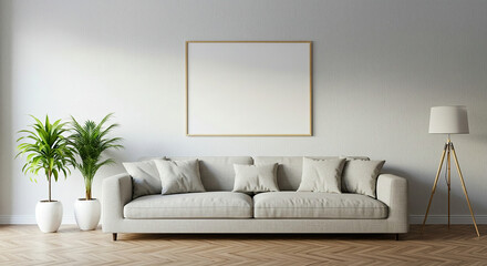 Art wall interior mockup in modern room, blank empty background with frame, picture artwork painting, design in home white living, furniture floor, poster style decor, sofa