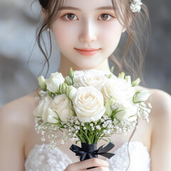 Obraz premium Beautiful Bride Holding White Rose Bouquet with Soft Smile