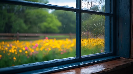 Rainy day view, window, garden, flowers, raindrops,  rural setting, peaceful scene, home