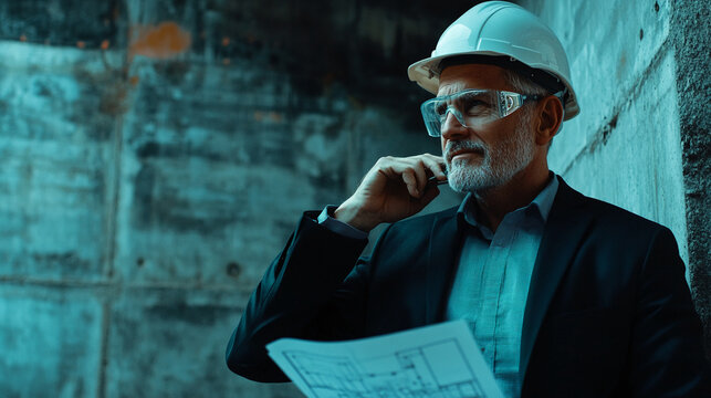 Senior male architect in safety gear, holding blueprints and thinking in a construction site. This image represents professionalism, engineering, and construction leadership. - Powered by Adobe