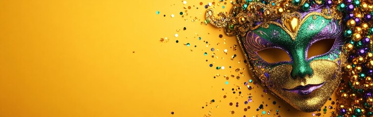 A vibrant Mardi Gras mask with green, gold, and purple glitter and beads, evoking the festive spirit of the celebration.