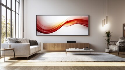 Modern living room with abstract artwork on television