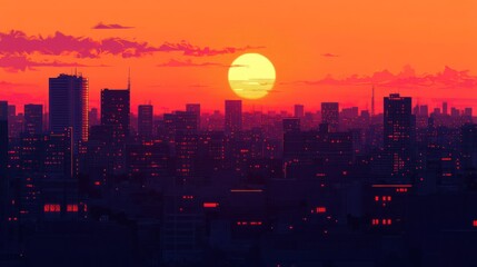 Vibrant sunset over city skyline.