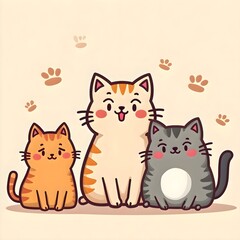 Obraz premium A bright and colorful cartoon illustration of three cheerful, smiling cats with playful expressions. They stand against a light beige background, creating a fun and joyful atmosphere. Perfect for crea