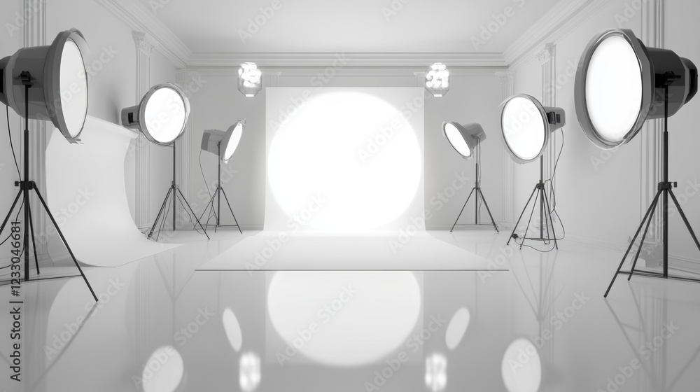 Poster white minimalistic studio environment with bright lights and reflections 3d render illustration. 3d 