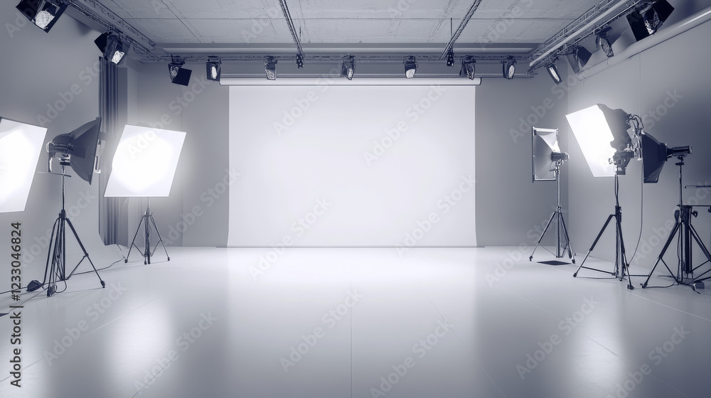 Poster white minimalistic studio environment with bright lights and reflections 3d render illustration. 3d 