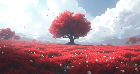Romantic Red Tree in a Heart-Shaped Field – Valentine's Day Fantasy Landscape
