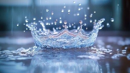Water drop splash crown on surface with rain in background