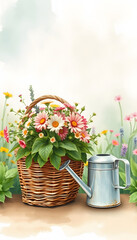 Basket of Flowers and Watering Can, Springtime, Nature