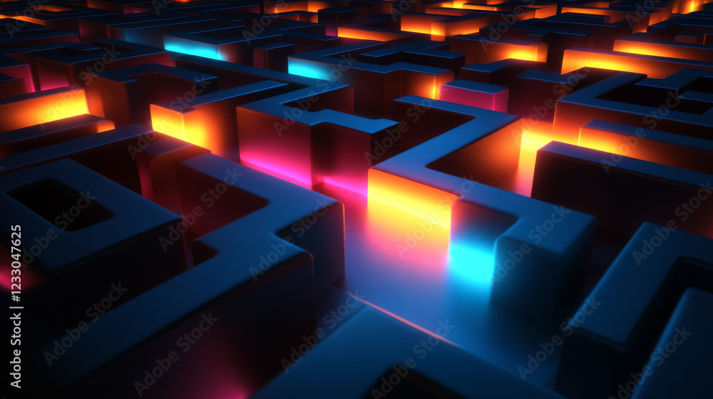 Aufkleber dark abstract modern technology background rendering 3d illustration cubic mesh maze geometric desig