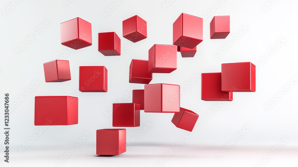 Aufkleber red flying cubes and boxes in in front of white background abstract 3d