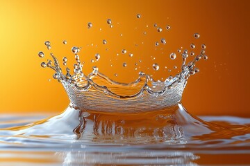 Water splash crown formation on orange backdrop