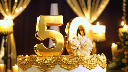 A cake with the number 50 on it. The cake is gold and has white flowers on top