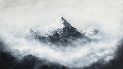 Fototapeta premium A lonely mountain peak emerging from a sea of mist, soft gradients blending seamlessly into the monochrome background, dramatic shadows emphasizing its grandeur